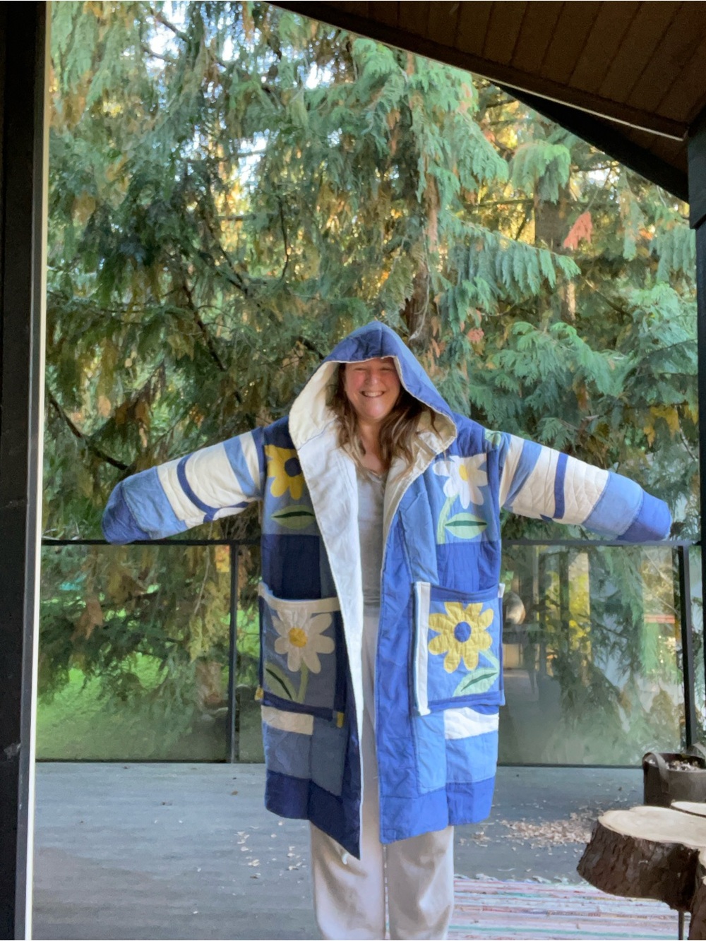 Handmade Blue Floral Hooded Patchwork quilted long Coat